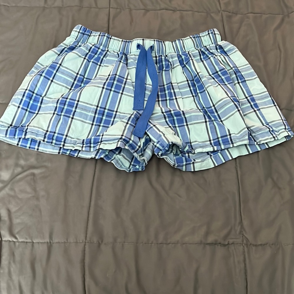 Hanes Blue Plaid Women's Athletic Lounge Shorts with Drawstring